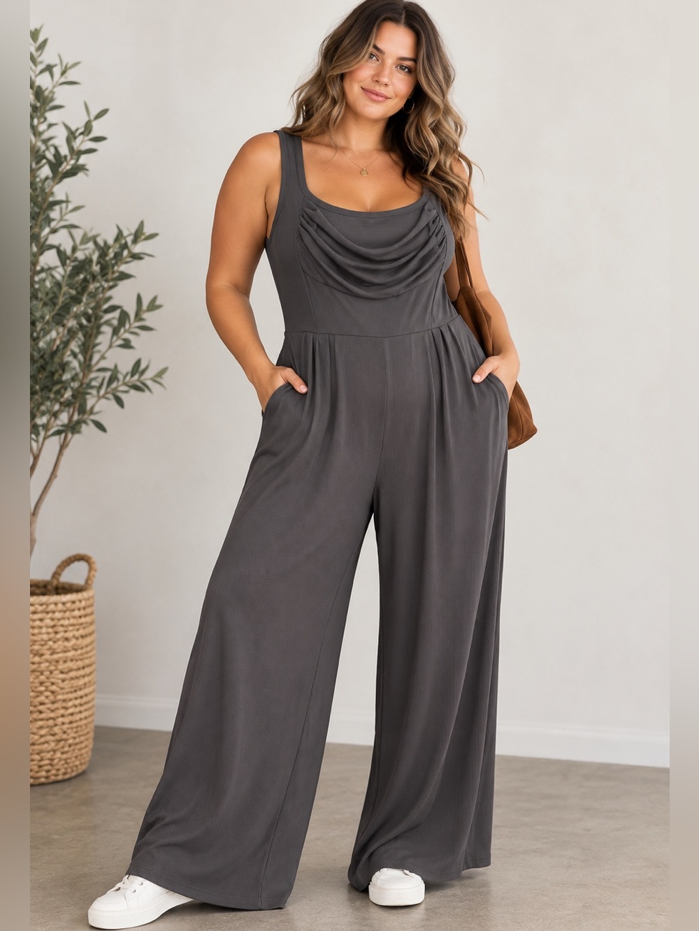 CIDER 1XL Gray Ribbed Wide Leg Jumpsuit Draped Cowl Neck Y2K Minimalist